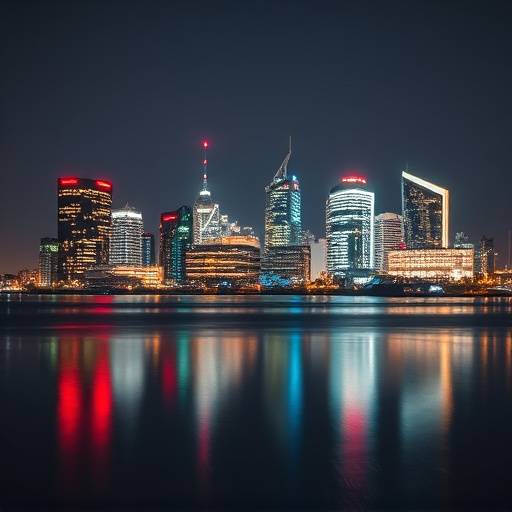 Abstract beeld van de skyline van Rotterdam bij nacht, met reflecties in het water en lange belichting.
