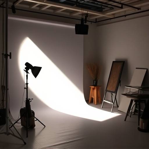 Artistieke impressie van een fotostudio met focus op licht en schaduw