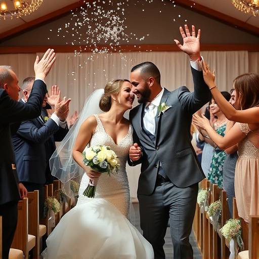 Dynamische foto van een bruiloftsceremonie met veel geluk en liefde
