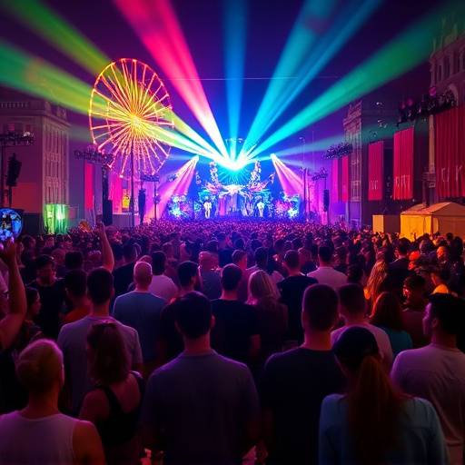 Een bruisend festival in Rotterdam, met mensen die dansen en genieten onder kleurrijke verlichting.