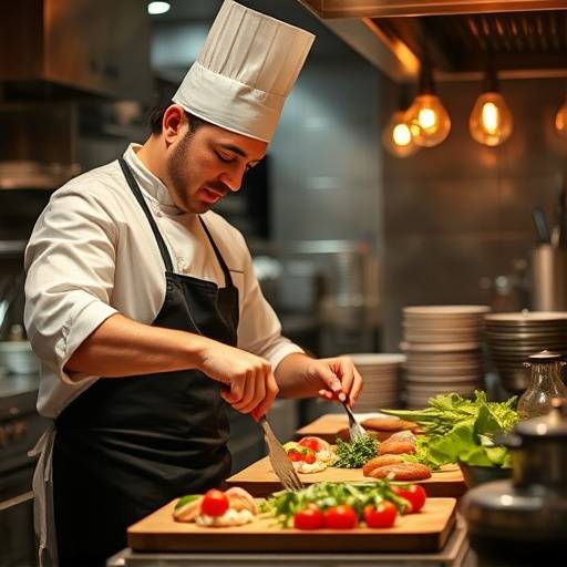 Een chef-kok die met passie een gerecht bereidt in een chique restaurantkeuken in Rotterdam.