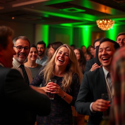 Een dynamisch evenement met lachende gasten en een feestelijke sfeer, vastgelegd met actie en beweging.