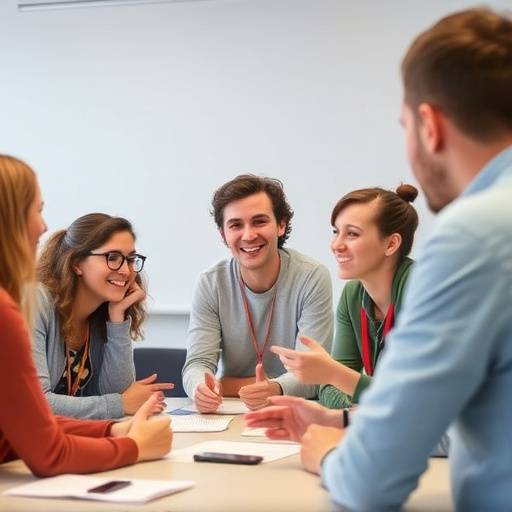 Een groep studenten die enthousiast discussi&euml;ren tijdens een workshop in een universiteitsgebouw in Rotterdam.