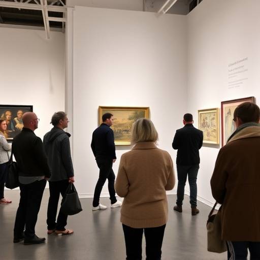 Een kunstexpositie in een Rotterdamse galerie, met bezoekers die aandachtig de kunstwerken bekijken.
