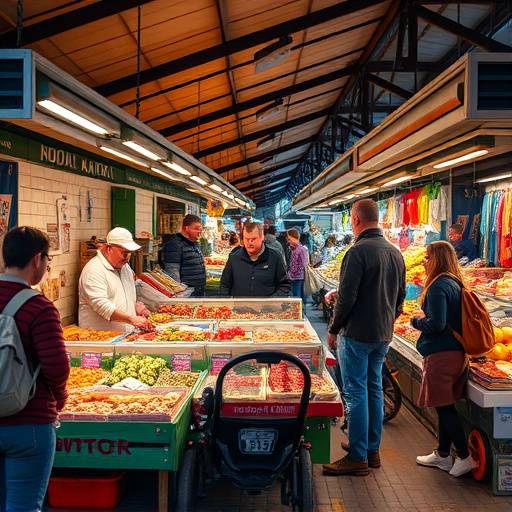 Een lokale markt in Rotterdam, vol met kleurrijke kraampjes en levendige interactie tussen verkopers en bezoekers.