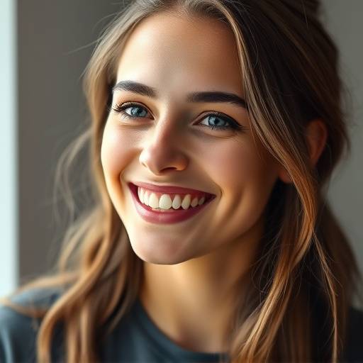 Een oprechte glimlach van een jonge vrouw met zacht, natuurlijk licht dat haar gezicht verlicht, gefotografeerd in een studio setting in Rotterdam.