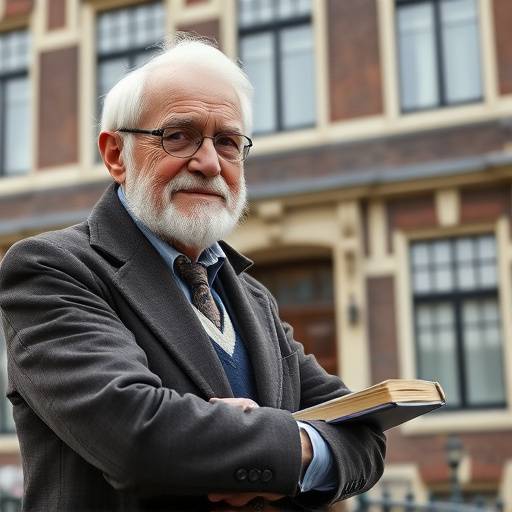 Een oudere heer met een wijze en vriendelijke uitstraling, gefotografeerd in zijn studeerkamer in een klassiek pand in Rotterdam.