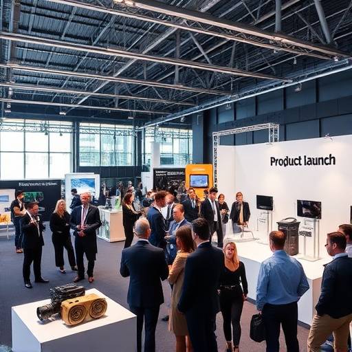 Een productlanceringsevent in een moderne beursruimte in Rotterdam, met presentaties en netwerkmomenten.
