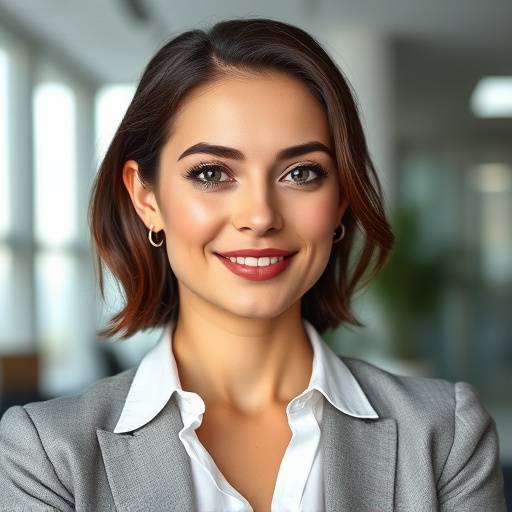 Een professionele zakelijke headshot van een zelfverzekerde zakenvrouw in een moderne kantooromgeving, met zachte belichting.