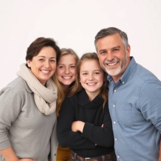 Een warme en lachende familie die samen poseert voor een portretfotoshoot in een lichte studioomgeving.