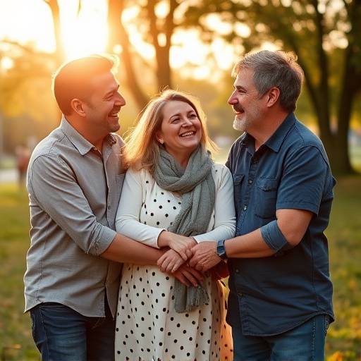 Familiefoto met drie generaties, lachend en omhelzend in een park in Rotterdam, met warme, gouden uur belichting.
