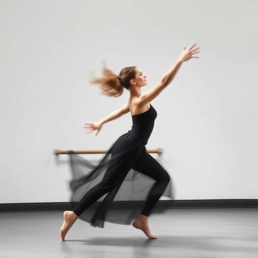 Portret van een danser in beweging, vastgelegd met een lange sluitertijd om de vloeiendheid van de beweging te benadrukken in een studio in Rotterdam.