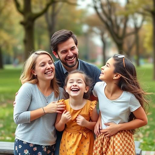 Vrolijk gezin lachend tijdens een fotoshoot in een park in Rotterdam